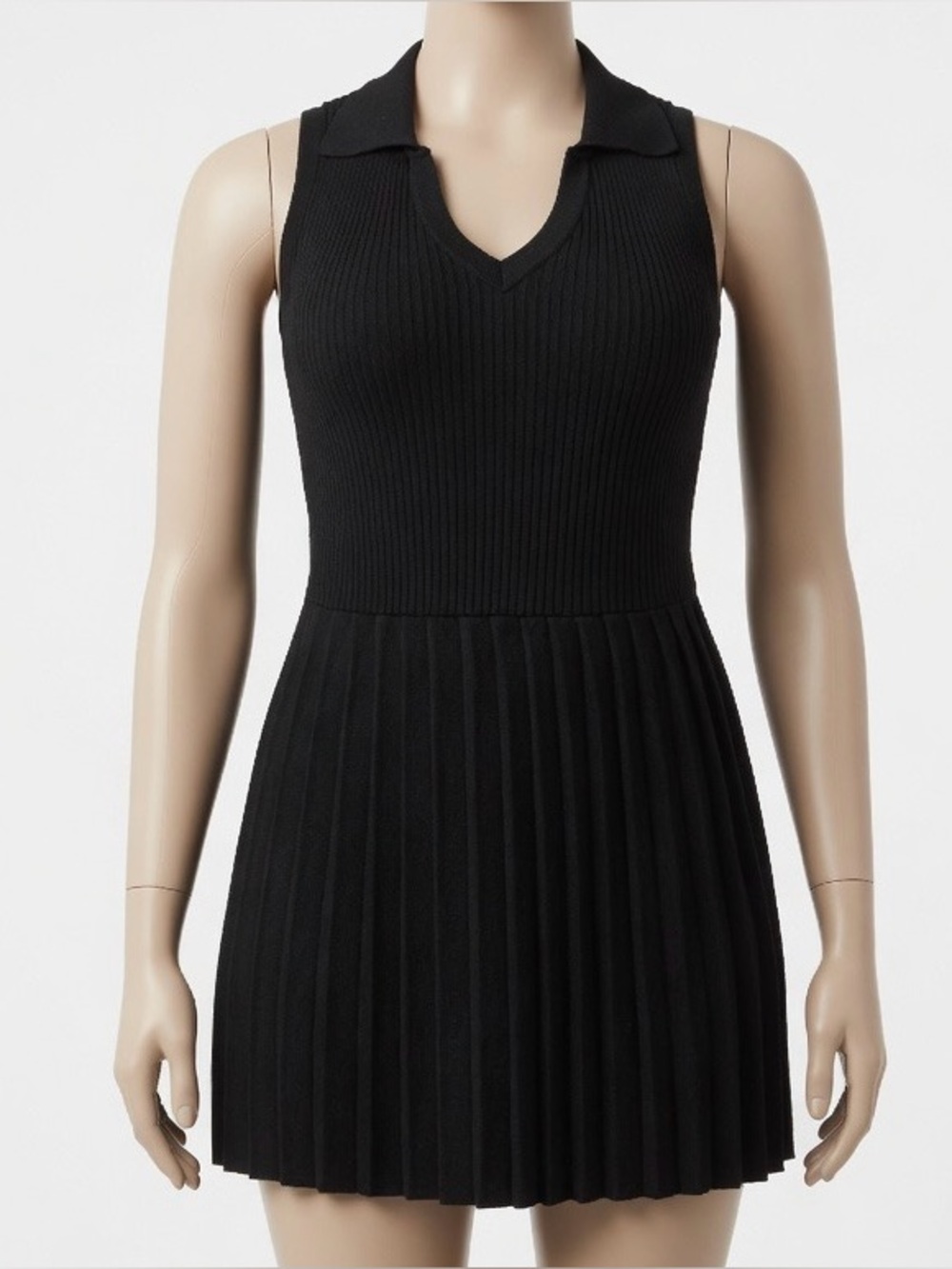 Sleeveless Black Pleated Polo Knit Dress